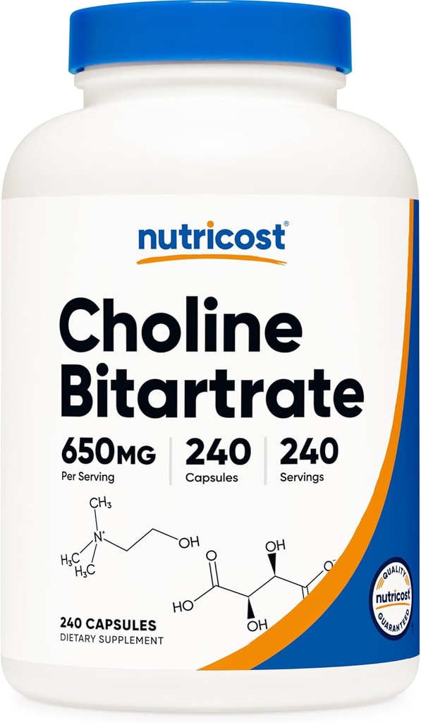 Nutricost Choline Bitartrate 650mg, 240 cápsulas vegetarianas - Non-GMO, Vegetarian Friendly, Gluten Free