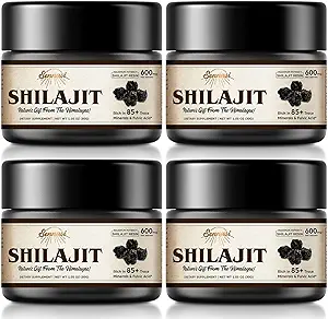 Shilajit Puro Himalayan Orgánica Shilajit Resin - 600mg Potencia Máxima Potencia Natural Shilajit Resin con 85+ Minerales Trace & Ácido Fulvico para la Energía, Apoyo Inmunitario, 30 Gramos (4 Pack)