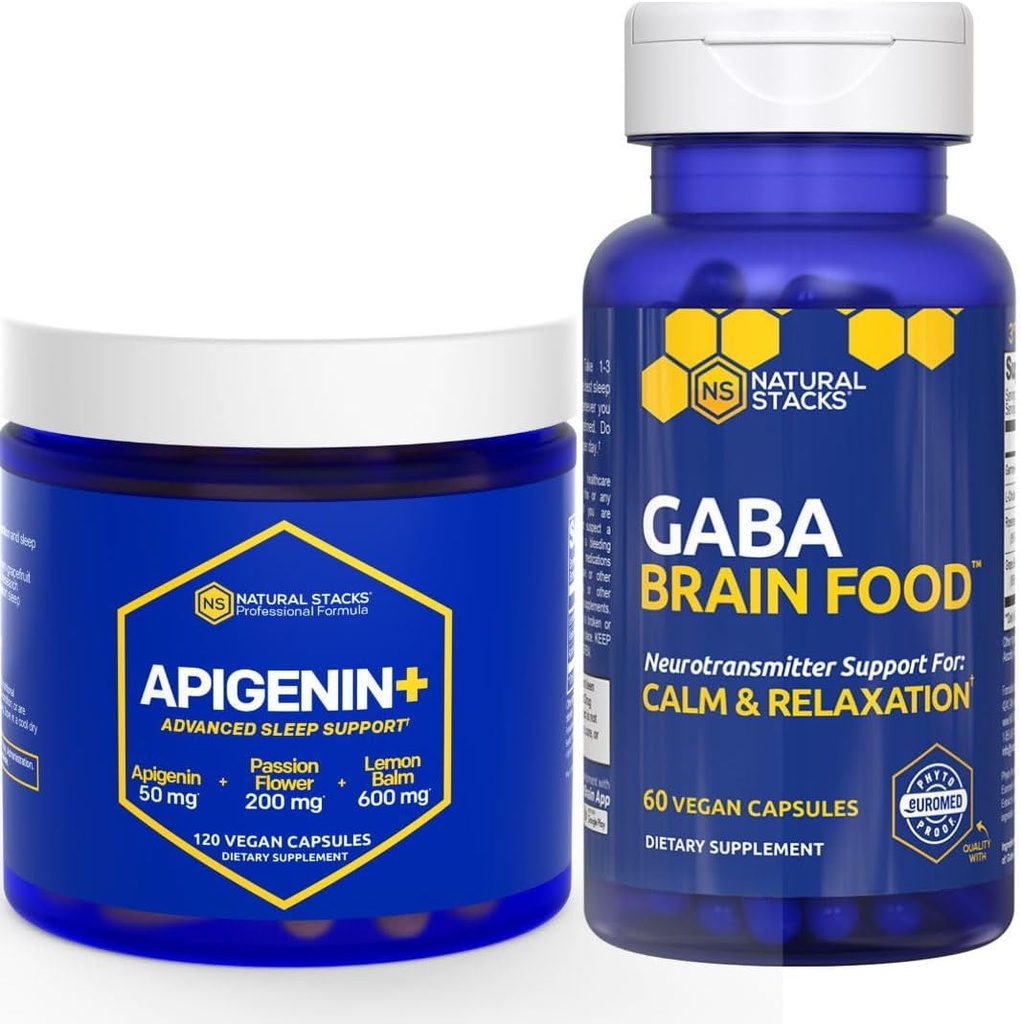 NATURAL STACKS GABA Brain Food + Apigenin Supplement for Sleep Bundle - Supports Relax and Sleep* - 180 Total Capsules