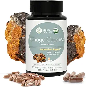 Herbal Treasure Chaga Mushrooms Powder Capsules, Mushroom Supplement for Functional Mushroom, Chaga Mushroom Capsules for Energy, &amp; Immune Support, Organic Mushroom Supplement 90 Caps