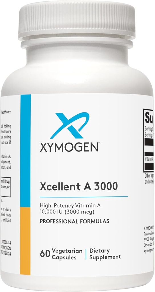 XYMOGEN Xcellent A 3000 - 10,000 UI Suplemento de vitamina A de alta potencia (Retinyl Palmitate) - Apoyos Función de inmunología saludable, piel sana + membranas mucosas (60 cápsulas)