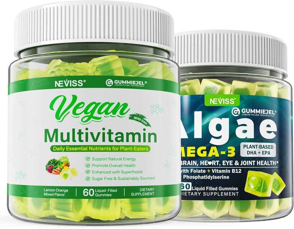 Vegan Omega 3 Gummies 1000mg con Multivitamina Vegan para Mujeres Hombres con Hierro, Vitamina B12, A, D3, K2, Algae Omega 3, Magnesio, Zinc