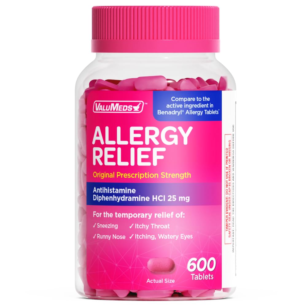 ValuMeds Allergy Medicine Antihistamine, Diphenhydramine HCl 25 mg | Children and Adults | Relieve Itchy Eyes, Runny Nose, Sneezing (25 mg, 600 Count)