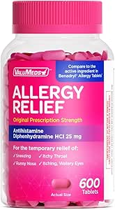 ValuMeds Allergy Medicine Antihistamine, Diphenhydramine HCl 25 mg | Children and Adults | Relieve Itchy Eyes, Runny Nose, Sneezing (25 mg, 600)