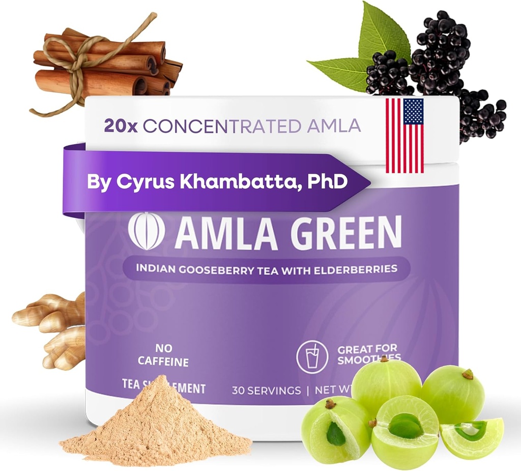 Amla Powder &amp; Immunity Blend Superfood Supplement with Elderberry, 20x Ultra Concentrated Amla, Immune Support, Made with Ginger, Cinnamon, Peppermint, Indian Gooseberries, Immunity, 30 Servings