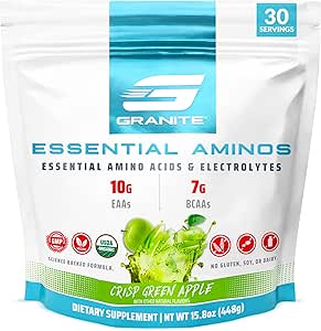 Granite Essential Amino Acids Powder, Green Apple Flavor, with 10g EAAs and 7g BCAAs, Supports Muscle Recovery & Growth, Soy-Free, Gluten-Free (30 Servings)