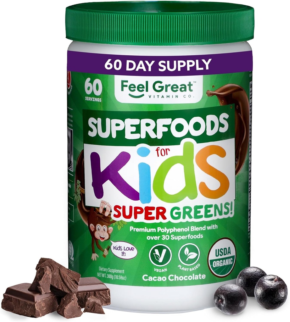 Feel Great USDA Organic Super Greens Powder for Kids - Cocao Chocolate  durable Fruit & Veggie Supplement  preserve Superfood Powder with Probiotics & Digestive Enzymes for Digestive Health ← 60 Days Supply