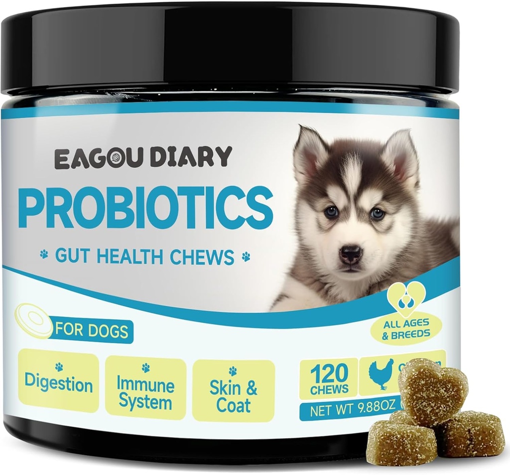 Probióticos para perros - Probióticos para perros para la salud digestiva, suplementos de salud de Gut con prebióticos, leche de cabra, omega 3, vitaminas, cerdas para la diarrea canina, estómago, alivio de gas - 120 Ct