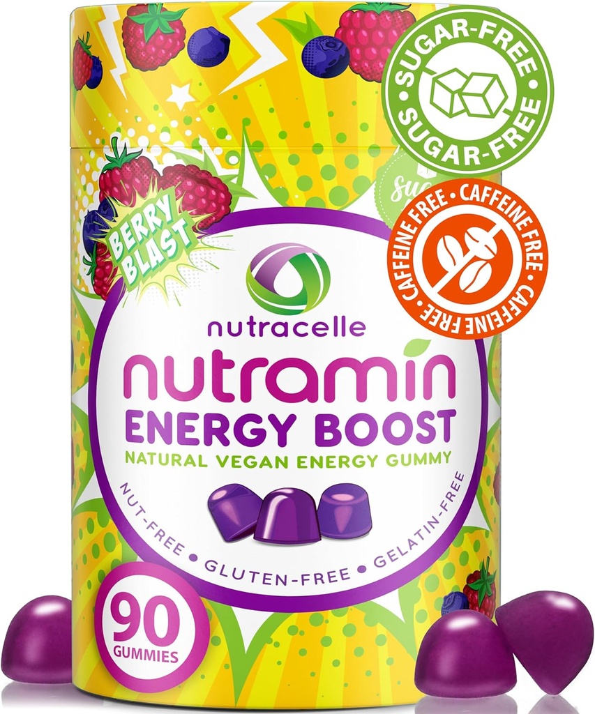 NUTRAMIN Energy Boost Vitamin Gummy - Skip The Coffee &amp; Boost Your Energy, Caffeine-Free, Sugar-Free, Vegan, B12, Green Tea, Ashwagandha, Garcinia Cambogia, Raspberry Adaptogen - 90 ct