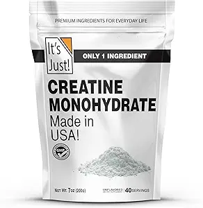 It's Just! - Creatine Monohydrate Powder, Pure Creatine Powder, Made in USA, 3rd Party Lab Tested, 5g Per Serving, Scoop Included, No Fillers, No Added Flavor (Unflavored, 200g / 40 Servings)