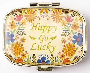 AmyZone Metal Pill Organizer Travel Friendly Portable Compact Pill Box Cute Pill Case to Hold Vitamins/Tylenol/Fish Oil/Supplements/Meds/Tablet for Purse/Pocket(Happy Go Lucky)
