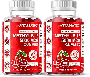Vitamatic 2 Packs Extra Strength Vitamin B12 5000 mcg (Methyl B12) Gummies - 120 Cuenta - Energy Metabolism Support and Nervous System Health Support, Natural Cherry Flavored