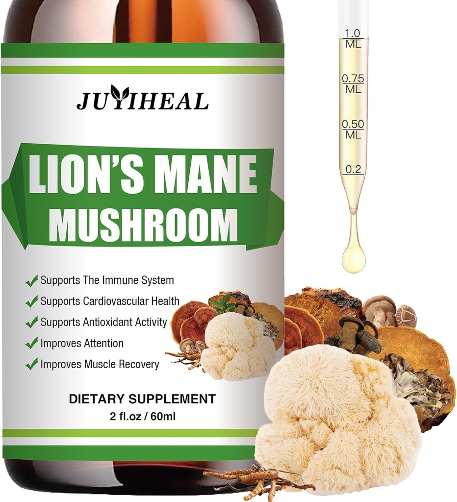 Lions Mane Liquid - Brain Support, Energy, Memory & Focus - Sugar &amp; Alcohol-Free Lions Mane Suplemento - 2 Fl OZ, 2 Month Supply