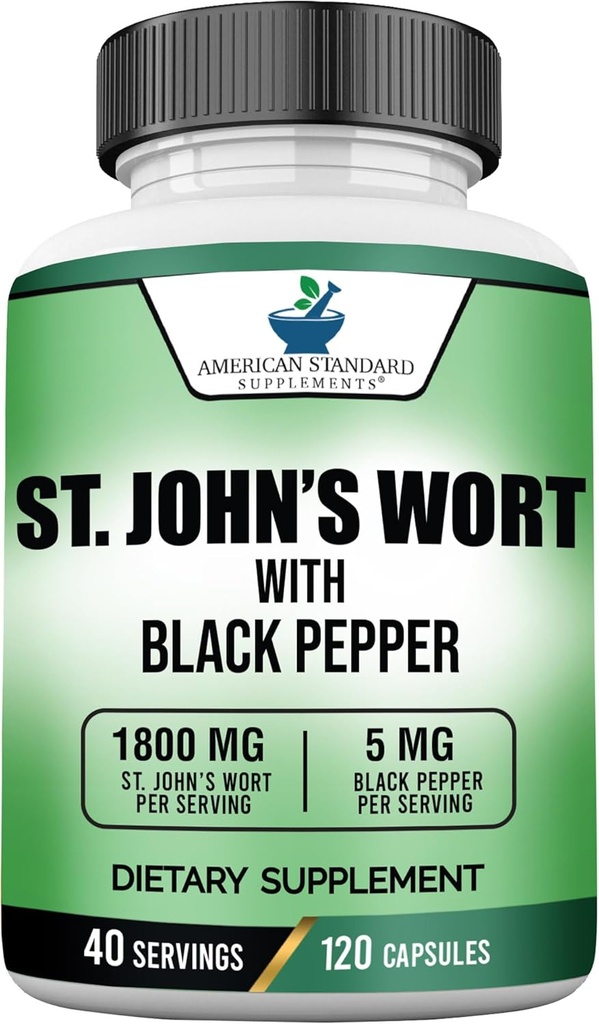 American Standard Supplements St. John’s Wort 1800mg Por Serving with Black Pepper Fruit Extract - Vegan, Gluten Free, Non-GMO, 120 Capsules, 40 Servings