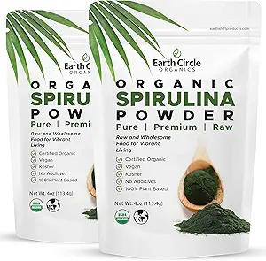 Earth Circle Organics Spirulina Powder, Kosher, Raw and Non-Irradiated | Pure Vegan Protein | Premium Superfood, High in Amino Acids and Antioxidants - 4 Ounce (2 Packs)