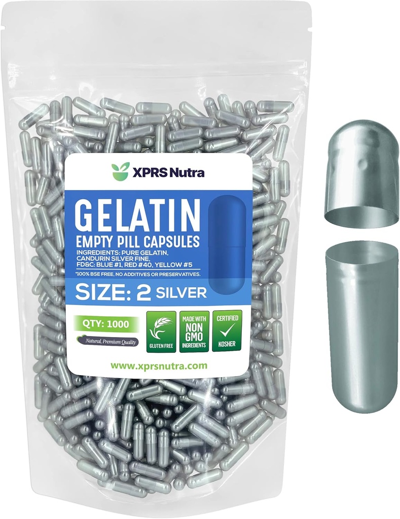 XPRS Nutra Size 2 Empty Capsules - 1000 Count Empty Gelatin Capsules - Pills DIY Capsule Filling - Pure Bovine Pill Gel Caps for Do-It-youself Supplements (Silver)