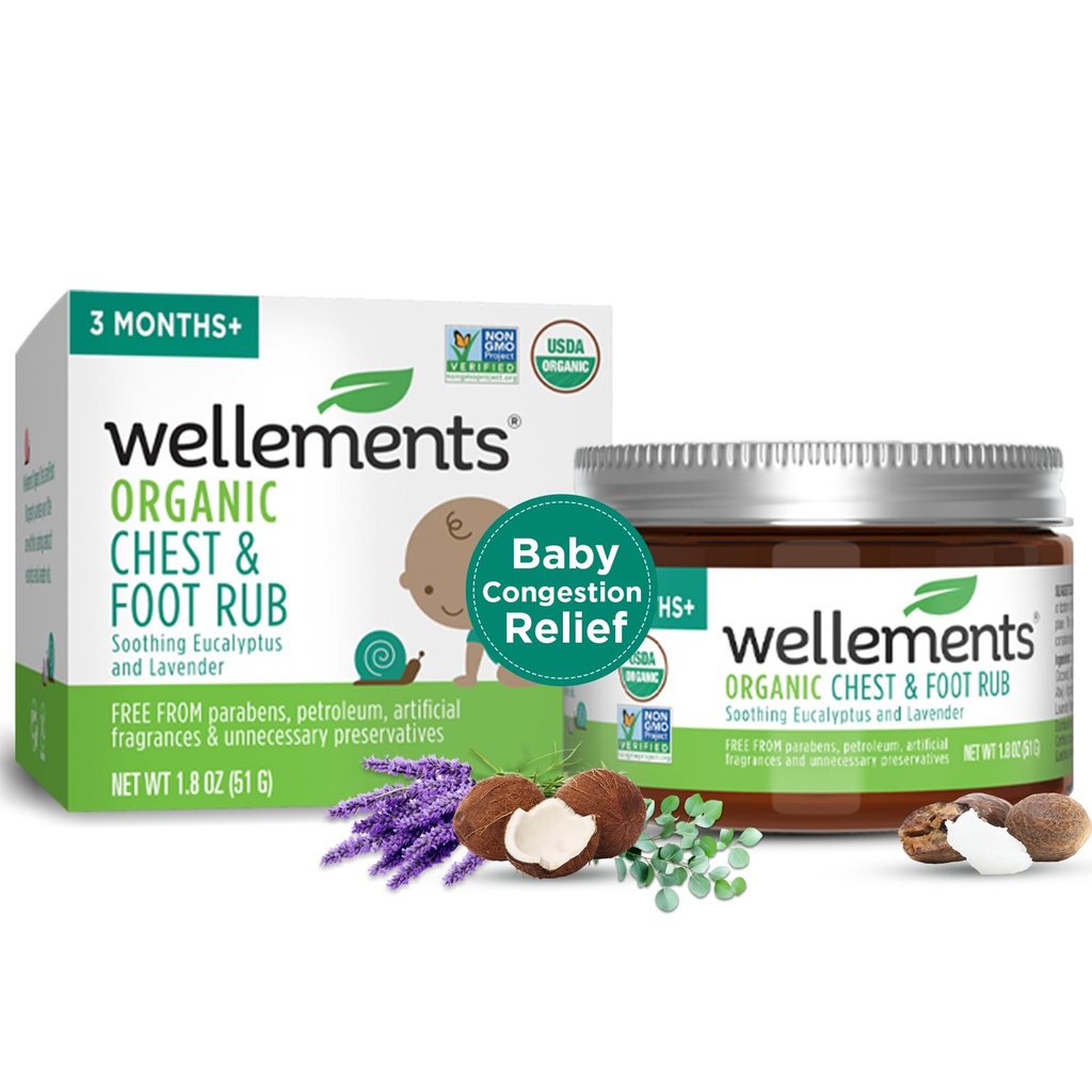 Wellements Organic Baby Chest & Foot Rub for 3 Months+ (1.8 Fl Oz) Silencio Soothes & Comforts ← Alivio de la congestión de bebés* con Eucalyptus y Lavender ← Libre de Petróleo, Menthol y Fragancia Artificial
