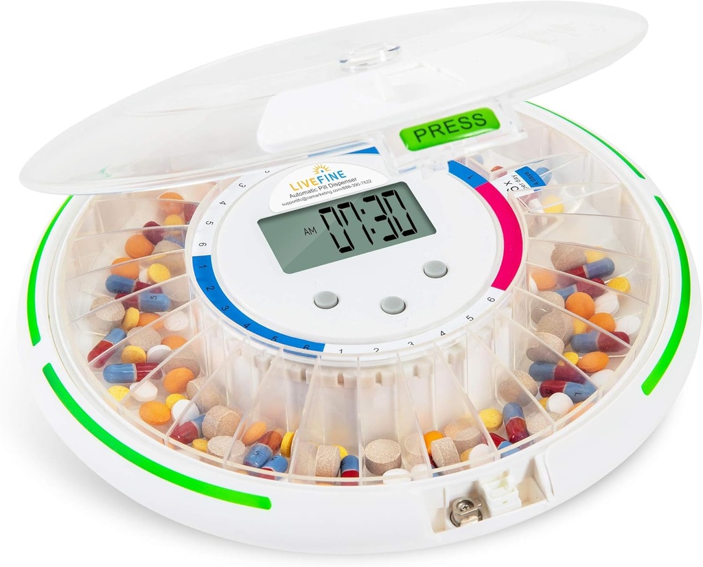 Live Fine Automatic Pill Dispenser with 28-Day Electronic Medication Organizer, 6 Dosage Templates, Easy-Read LCD Display, Sound & Light Alerts & Key for Prescriptions, Vitamins, Supplements & More