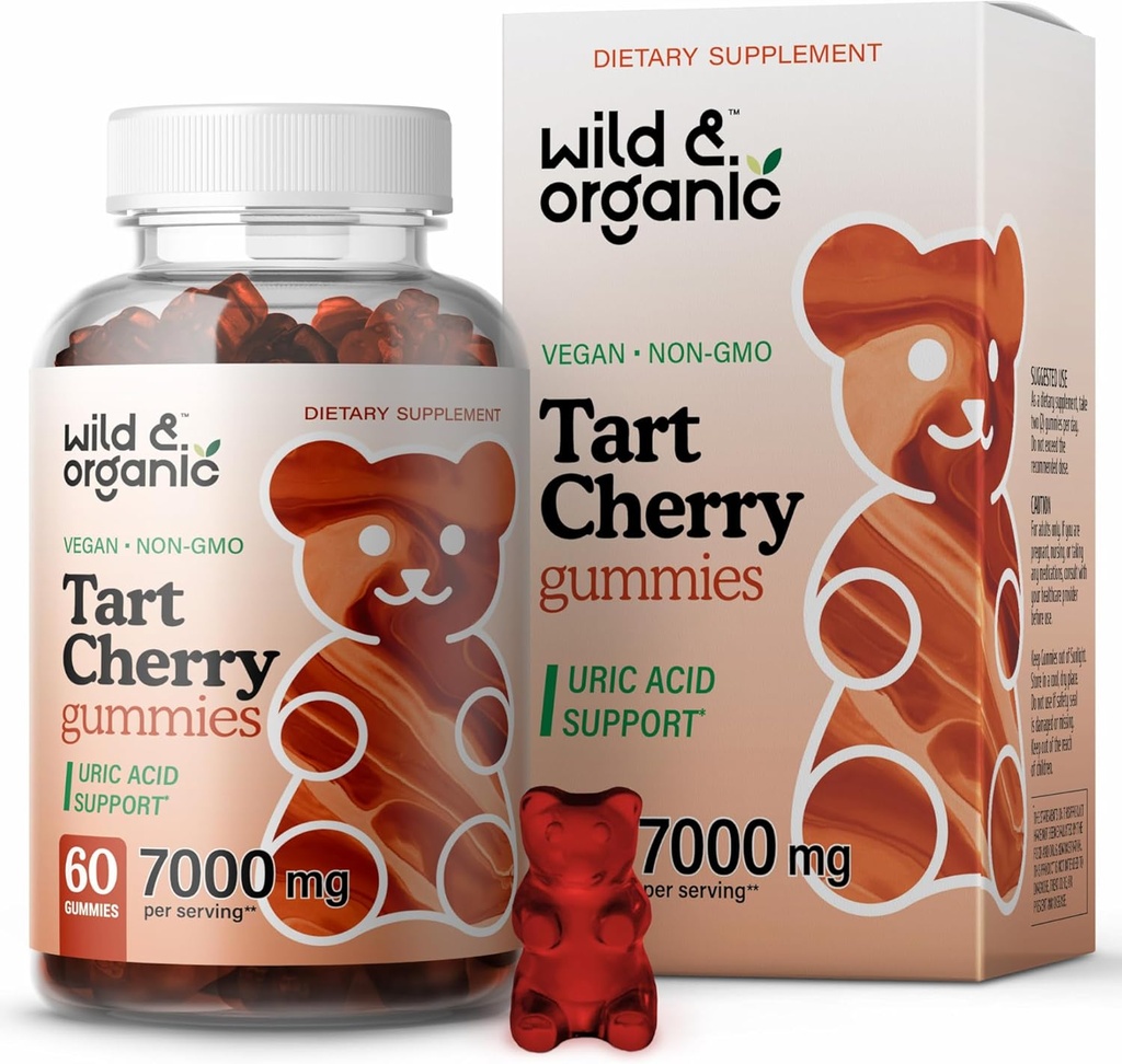 Wild &amp; Organic Tart Cherry Gummies 7000 mg - Tart Cherry Extract Supplement for Uric Level Support - 60 Vegan, Non-GMO Chews
