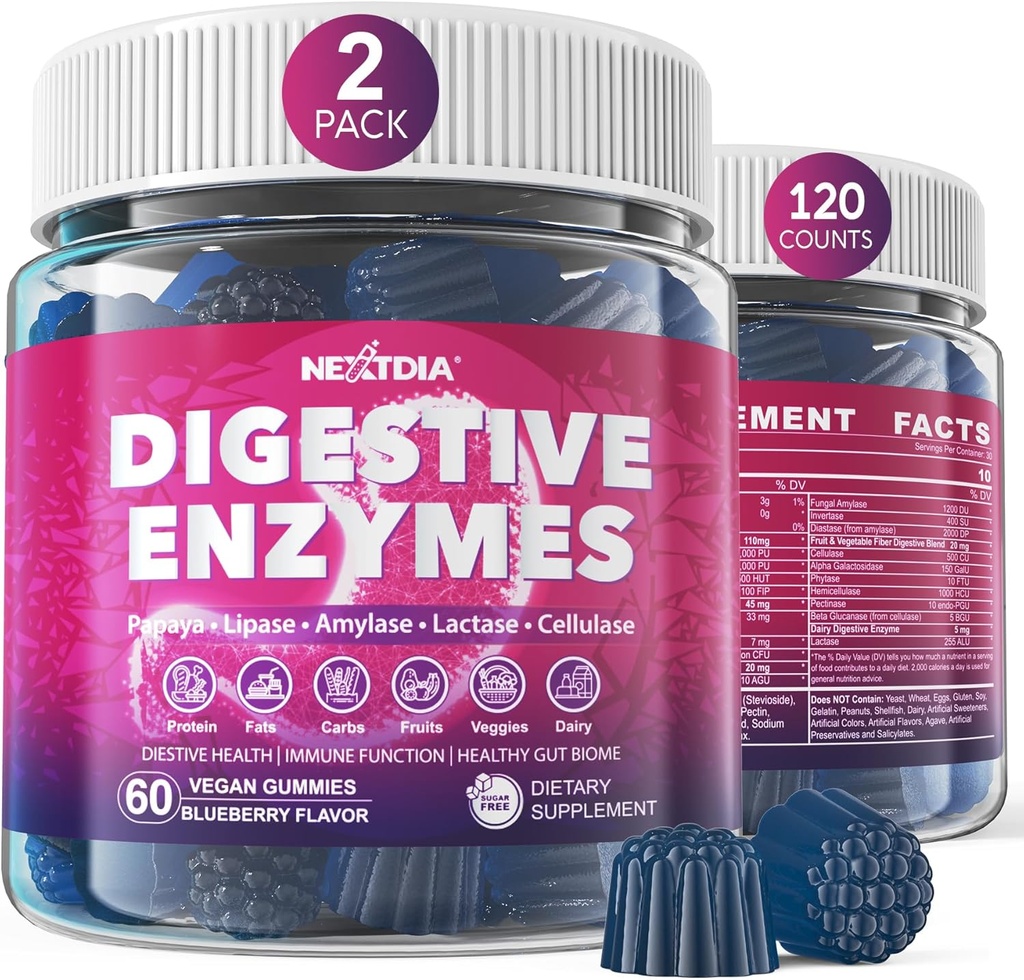 Enzimas digestivas para mujeres y hombres Gummies w / Probióticos, Papaya, Bromelain, Ginger - Alivio de Bloating " Gut Health Chewable Supplement Digest Proteins Dairy Carbs Veggies Fats, Sugar Free Vegan, 120Cts