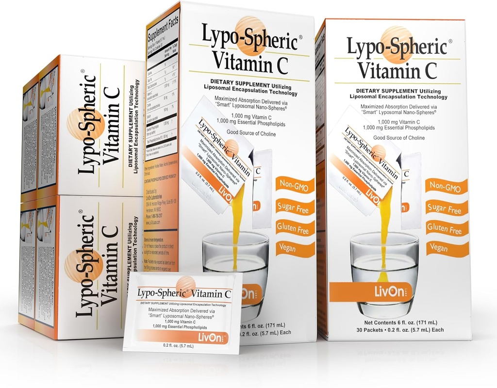 LivOn Laboratories Lypo–Spheric Vitamin C – 6 Cartons (180 Packets) – 1000 mg Vitamina C &amp; 1,000 mg Phospholipids esenciales Por Packet – Liposome Encapsulado para una absorción mejorada – 100% No GMO