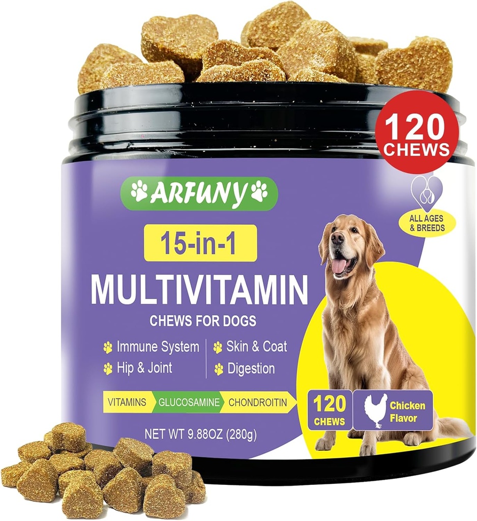 15 en 1 Suplemento Multivitamínico Perro - Vitaminas Perros para Sistema Inmunitario, Digestión, Junta de Hip &amp; Coat - con Vitaminas Esenciales, Glucosamina & Condroitina - Sabor de pollo, 120 Chews