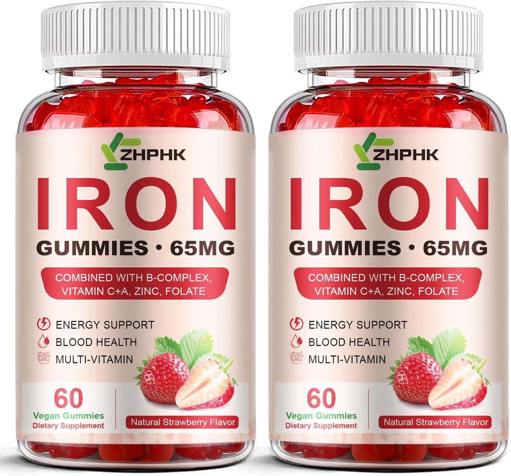 Suplemento de hierro Gummies para mujeres, hombres &amp; niños, 65 mg de hierro &amp; 250 mg Vitamina C por ser - Sangre saludable, energía &amp; apoyo inmunológico Hierro Vitamina Gummy con folato, 2 Pack