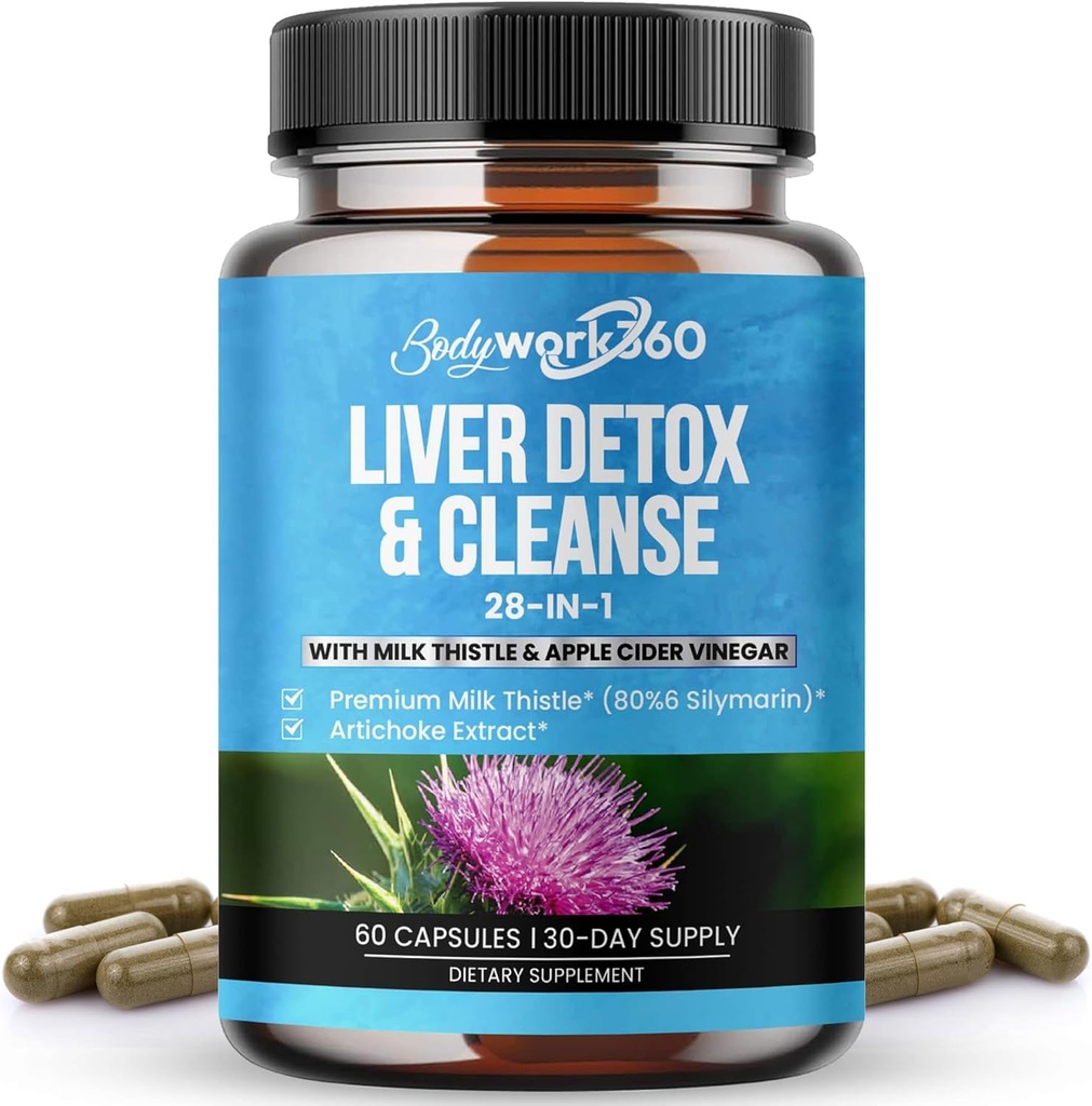 Liver Detox &amp; Cleanse - 28-in-1 Liver Repair &amp; Support Supplement for Men &amp; Women with Milk Thistle, Apple Cider Vinegar, Dandelion Root Extract & Artichoke Extract - Non-GMO, 60 cápsulas