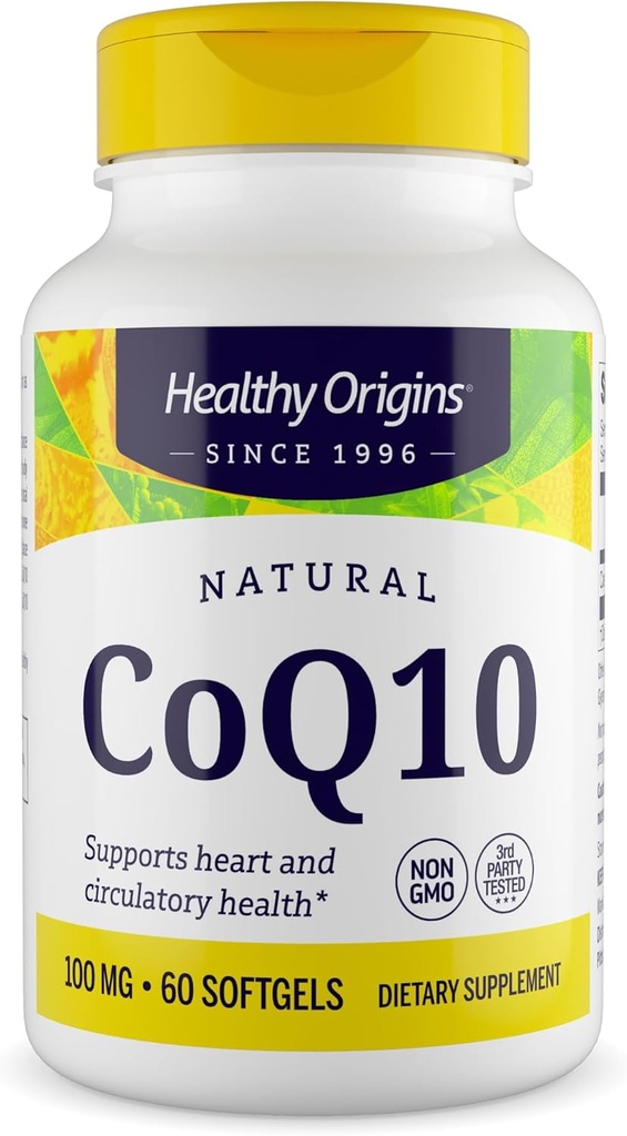 Orígenes saludables® CoQ10 100 mg – Ubiquinona Trans-Isomer Natural – fermentada por levaduras, apoya la salud cardíaca y energía celular – No GMO 60 Softgels
