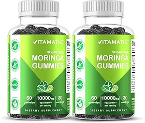 Vitamatic 2 Packs Sugar Free Moringa Gummies- 10000 mg Equivalent Per Serving (from 50:1 Extract 200 mg)- Complete Green Superfood 20X Extract - 60 Pectin Based Gummies