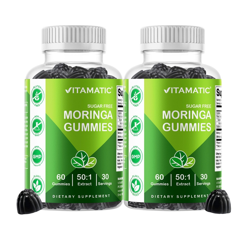 Vitamatic 2 Packs Sugar Free Moringa Gummies- 10000 mg Equivalente Per Serving (desde 50:1 Extracto 200 mg)- Superalimentos Verdes Completos 20X Extracto - 60 Gummies Basadas en Pectina