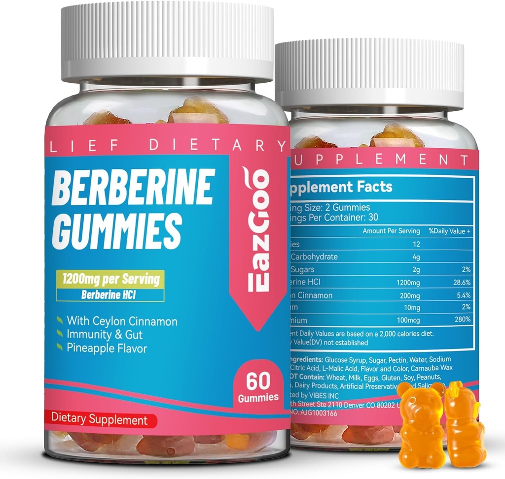 Berberine Gummies with Ceylon Cinnamon,1200mg Berberine HCI Supplement for Metabolism and Energy Support, Vegan, Non-GMO and Gelatin-Free - 60 Conde