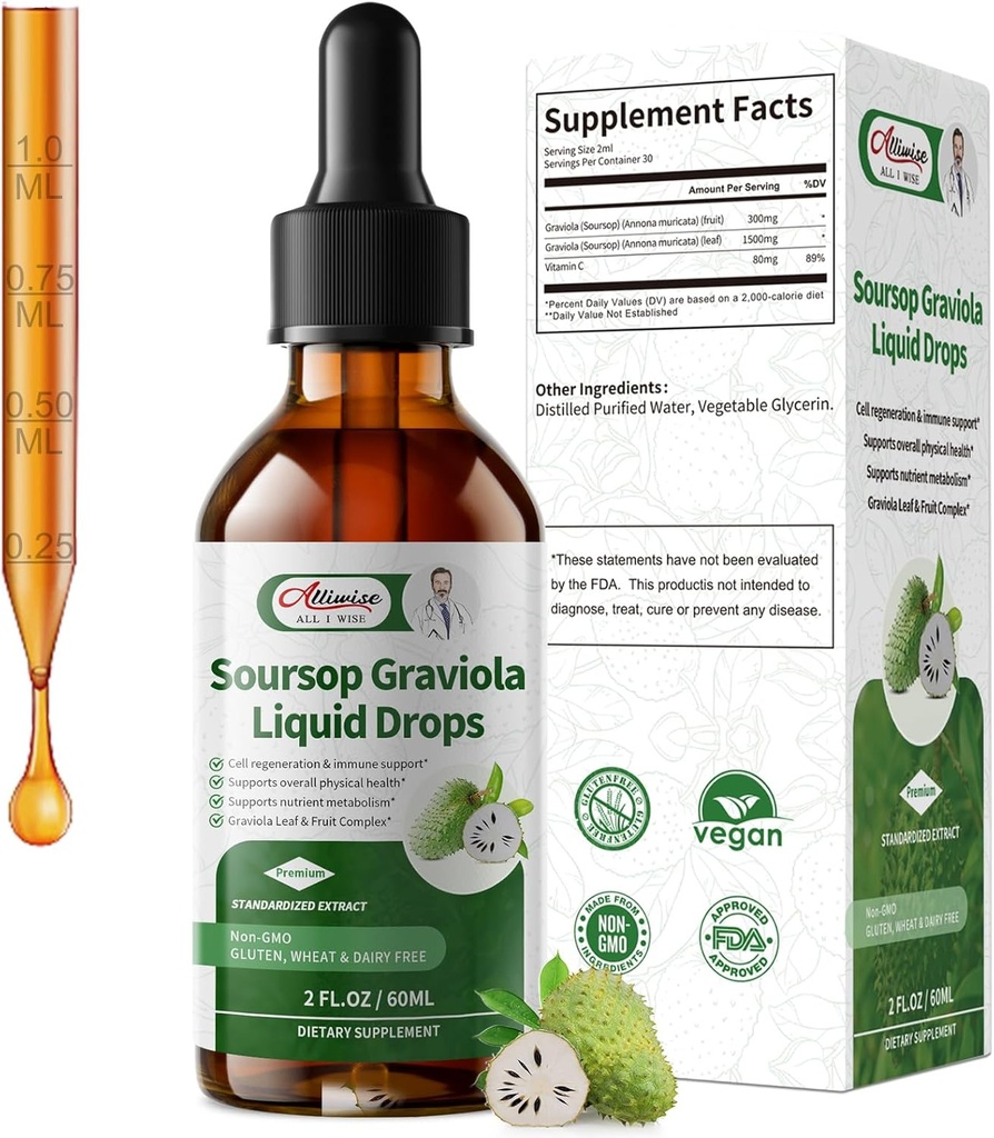 Soursop Graviola Liquid Drop, High Absorption Form Soursop Leaves & Fruit Complex, for Cell Regeneration &amp; Immune Support " Digestive Bitters - Vegan Sour SOP Bitters Liquid - 2 Fl oz