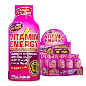 Vitamin Energy B12 11,000% Extra Strength Energy Shot Pink Berry 12 Pack, 260mg Natural Caffeine, B12 &amp; B6, Nootropic Focus, Vitality, Zero Sugar, Gluten-Free, Vegan, Kosher, 1.93 fl oz