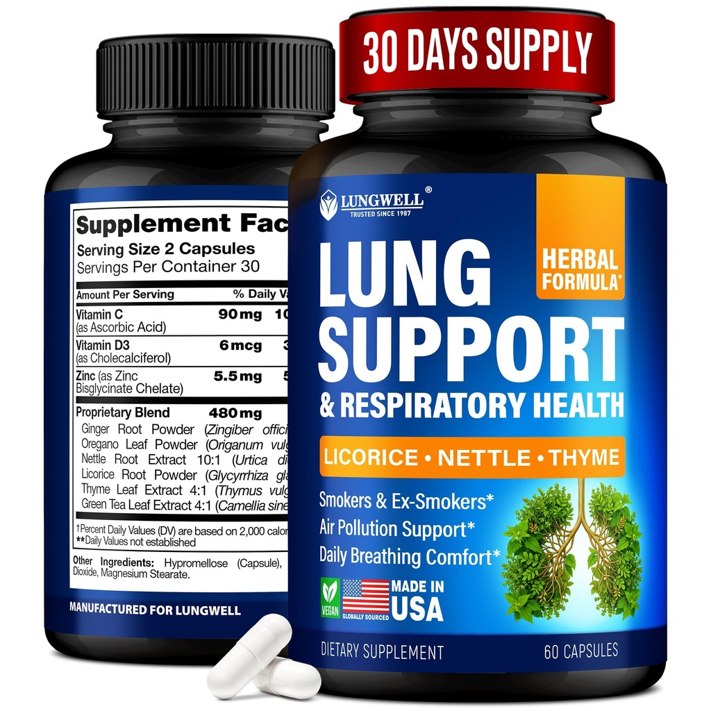 Quit Smoking Aid for Lung Cleanse & Health - Made in USA - Lung Detox with Licorice Root, Ginger &amp; Nettle Root, Green Tea, Thyme & Oregano Leaves for Lung Clear Support & Stress Relief - 60 Capsules