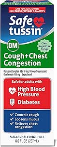Safetussin DM Cough " Chest Congestion, 8 oz, Expectorant Mucus Relief, Cough Relief Syrup, Safe for Adults with High Blood Pressure " Diabetes