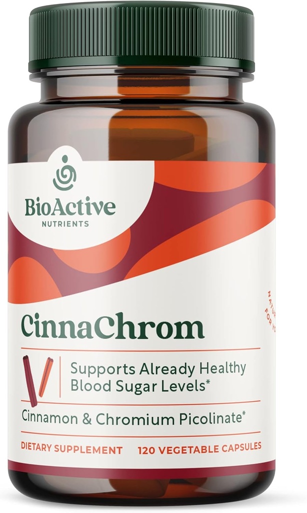 BioActive Nutrients CinnaChrom Suplemento dietético — Chromium Picolinate, Cinnamon Capsules — Ingredientes naturales para la salud general — Suplemento vegetal, sin gluten, 120 cápsulas