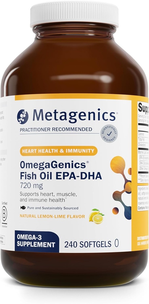 Metagenics OmegaGenics Fish Oil EPA-DHA 720 mg - Omega-3 Fish Oil Supplement - High Potency - for Heart Health, Musculoskeletal Health & Immune System Health* - with DHA &amp; EPA - 240 Softgels