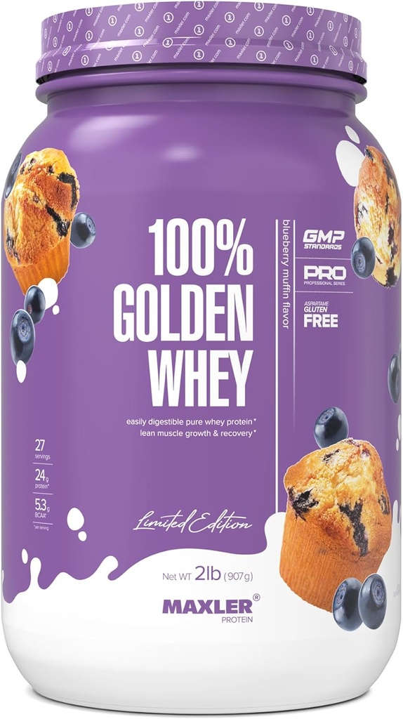 Maxler 100% Golden Whey Protein - 24g de Proteína por Servir - Premium Whey Protein Powder para Pre Post Workout - Fast-Absorbing Whey Concentrate, Isolate & Hydrolysate Blend - Blueberry Muffin 2 lb
