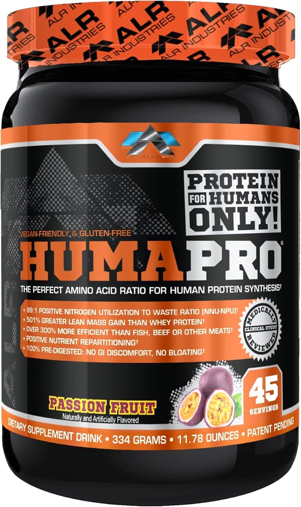 Humapro ← Aminoácidos Matriz Proteína para los seres humanos TENIDO 99% Utilización para el músculo magro TEN Vegan, Gluten Free TEN 334g / 45 Servings (Passion Fruit)