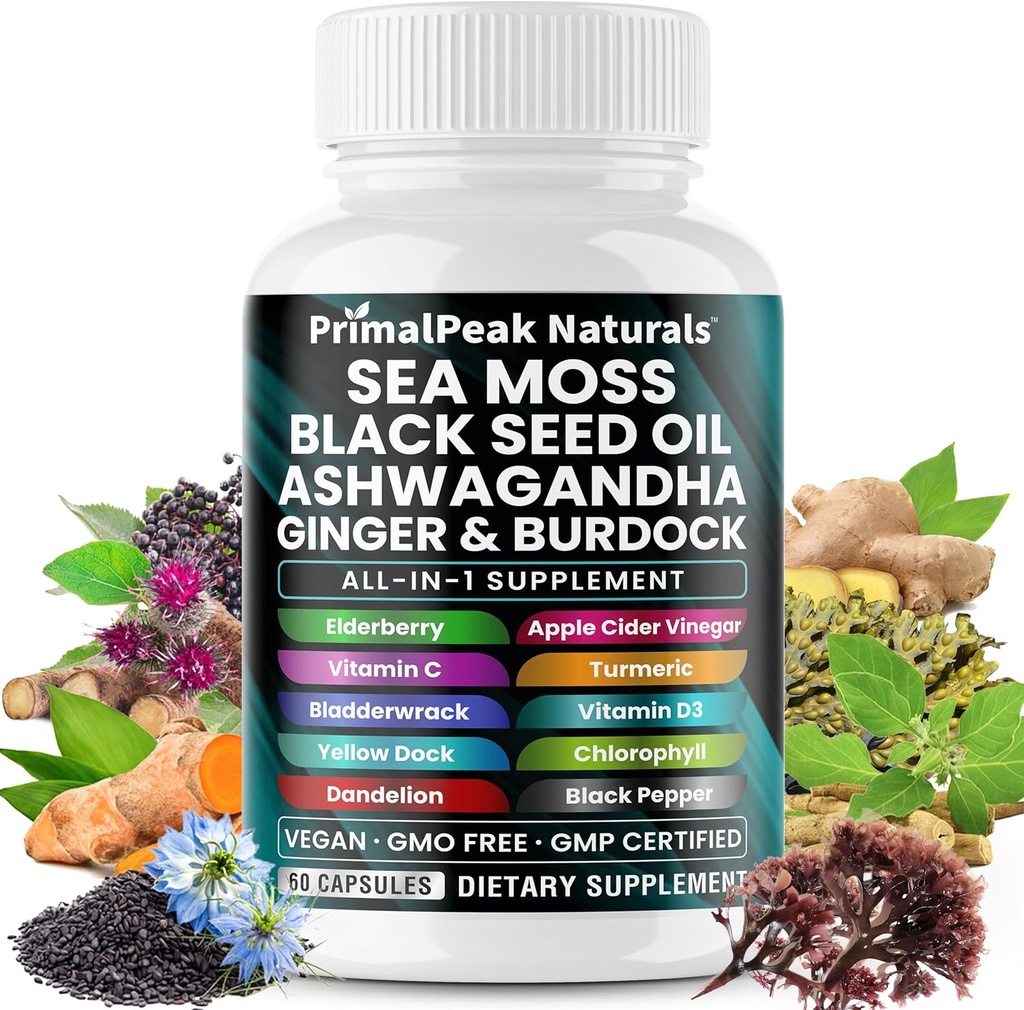 Sea Moss Black Seed Oil Ashwagandha Ginger Burdock Bladderwrack Turmeric &amp; Vitamina C Vitamina D3 con ACV Elderberry Chlorophyll Dandelion Yellow Dock Vegan Capsules - 60 Cuenta