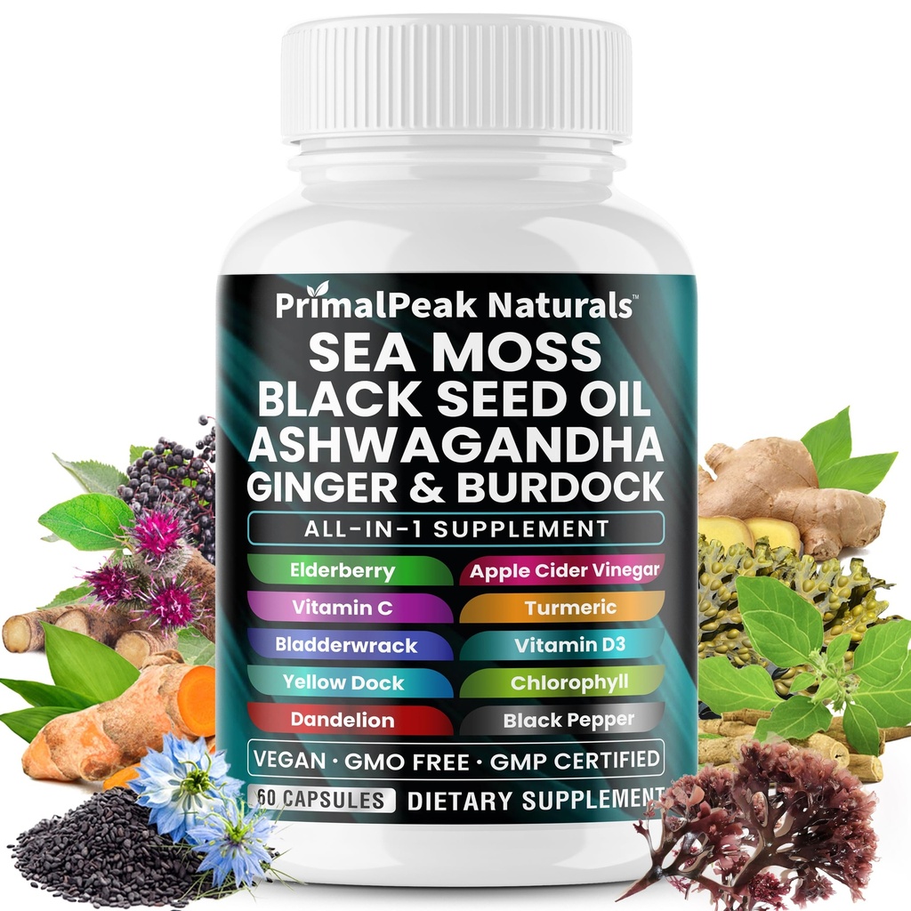 Sea Moss Black Seed Oil Ashwagandha Ginger Burdock Bladderwrack Turmeric &amp; Vitamina C Vitamina D3 con ACV Elderberry Chlorophyll Dandelion Yellow Dock Vegan Capsules - 60 Cuenta