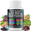 Sea Moss Black Seed Oil Ashwagandha Ginger Burdock Bladderwrack Turmeric &amp; Vitamina C Vitamina D3 con ACV Elderberry Chlorophyll Dandelion Yellow Dock Vegan Capsules - 60 Cuenta