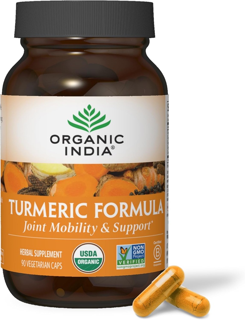 ORGANIC INDIA Curcumina Turmérica con Pepper Negro - Suplemento Turmérico Orgánico y Suplemento Curcumín, cápsulas Turméricas, soporte conjunto &amp; soporte del sistema inmunitario, raíz completa, trikatu - 90 cápsulas