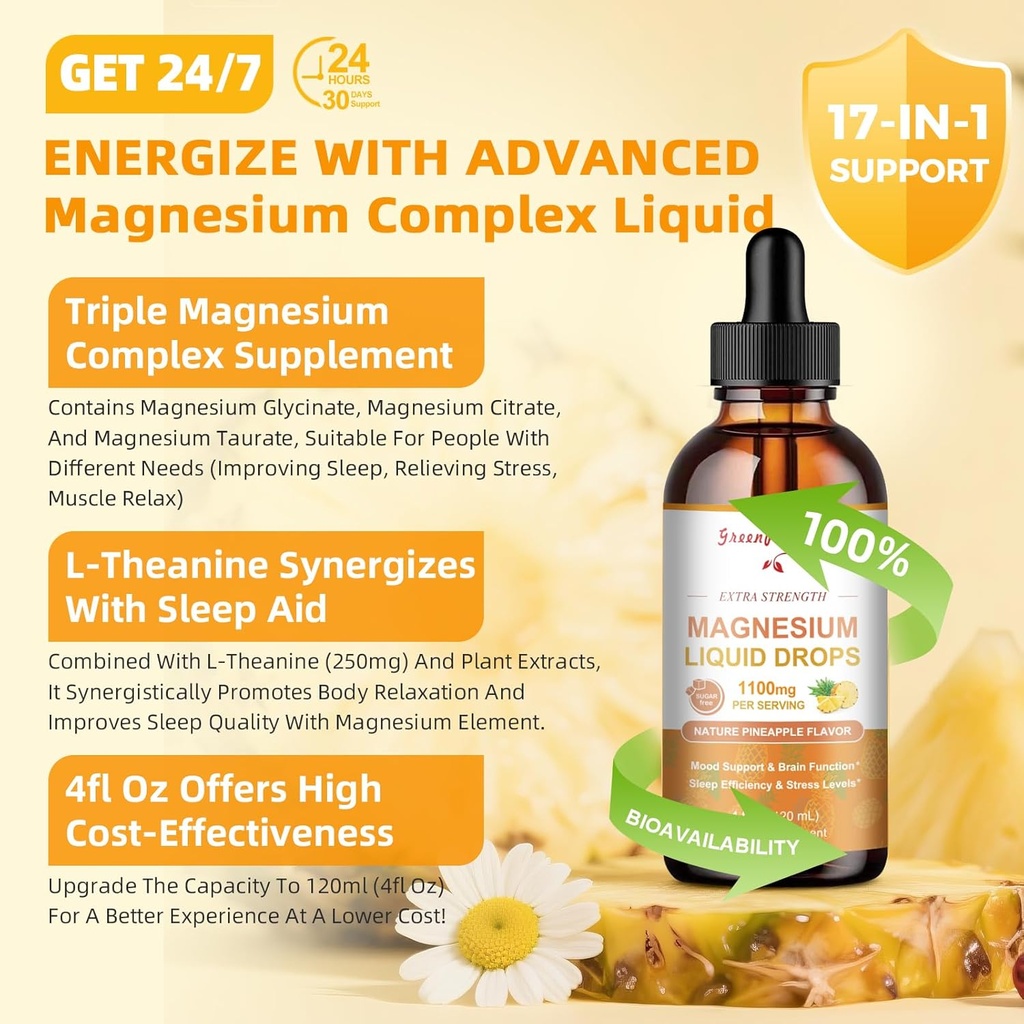 GREENPEOPLE Magnesium Glycinate Liquid Drop - 17-in-1 4Fl. Oz Triple Magnesium Complex Suplemento con Glycinate 400mg &amp; Citrate 500mg Taurate/L-Theanine for Calm Mood/Muscle/Sleep,Pineapple Flavor