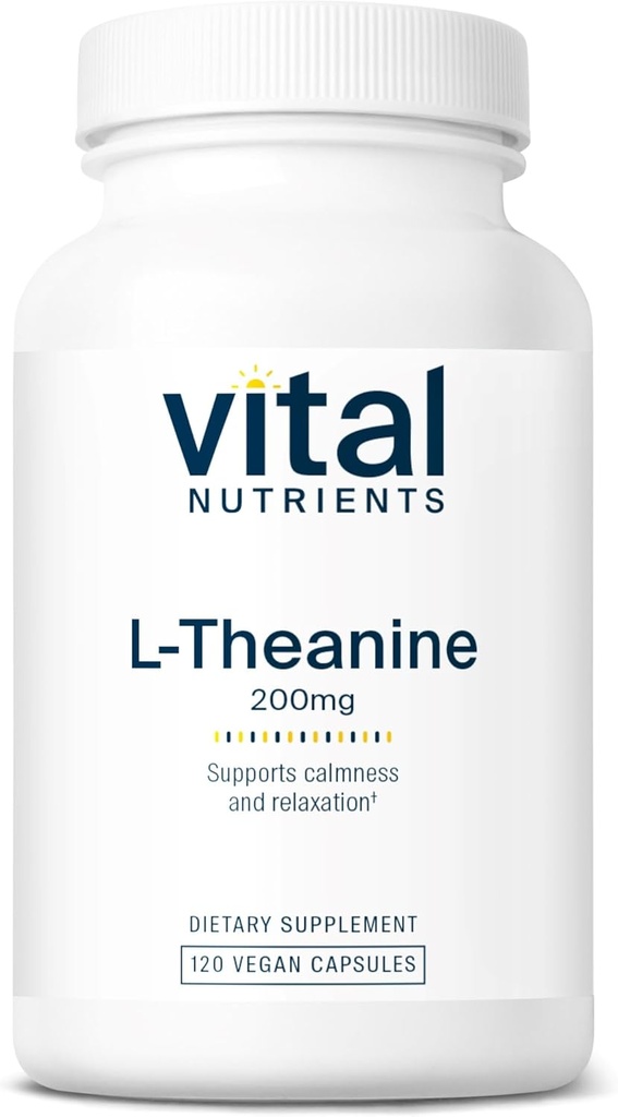 Vital Nutrients L-Theanine 200mg ← Vegan Supplement TEN L Theanine Supplement Supports Normal Stress Levels and Cognitive Function* TEN Gluten, Dairy and Soy Free Ø 120 Capsules