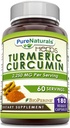 Puro Naturales Curcumina Turmérica con Bioperina 2250 mg Por Servir Suplemento Silencio Veggie Capsules ← No-GMO Silencio Gluten Libre Silencio Made in USA (1 Pack, 180 Count)