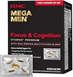 GNC Mega Men Focus and Cognition Vitapak Program, Conveniente, Nutrición completa, 3 Productos en 1 Packet, Claridad, Focus, Energía, Concentración, Funciona en el Día Uno, 100 mg de cafeína, 30 Paquetes diarios