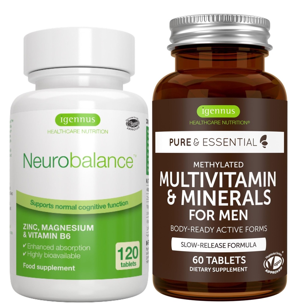 Neurobalance + Multivitamina &amp; Minerales para Hombres Bundle Vegan, Alta Absorción Zinc, Magnesio &amp; B6 Suplemento + Sujeto Multivitamina de Igennus