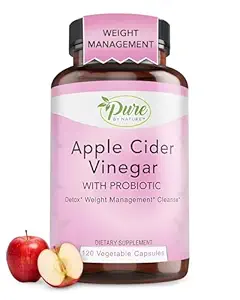 Pure By Nature Apple Cider Vinegar + Probiótico para Mujer &amp; Hombre, Raw Apple Cider Vinegar Pills for Weight Management Support &amp; Cleanse Support (120 cápsulas)